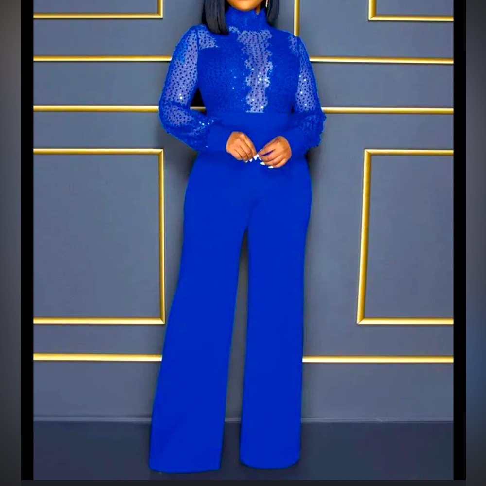 SOLD: Deep Blue Pantsuit - Long Sleeve, Sheer w/Lace Details